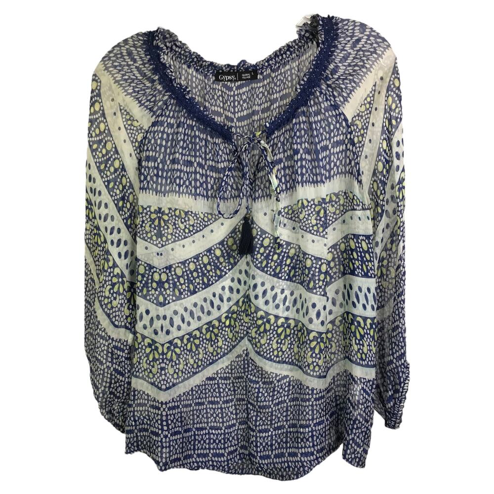 Gypsy 05 Top Blouse Womens L Blue Cream Dots‎ 100% Silk Boho Long Sleeve